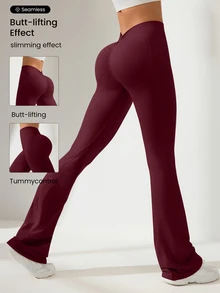 Eassivo Eassivo Women Solid Color Ruched Waist Flared Sports Pants For Chinese New Year - Burgundy - View 3