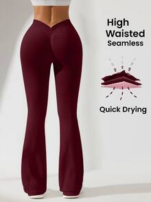 Eassivo Eassivo Women Solid Color Ruched Waist Flared Sports Pants For Chinese New Year - Burgundy - View 2