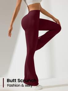 Eassivo Eassivo Women Solid Color Ruched Waist Flared Sports Pants For Chinese New Year - Burgundy - View 5