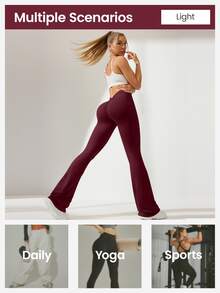 Eassivo Eassivo Women Solid Color Ruched Waist Flared Sports Pants For Chinese New Year - Burgundy - View 7