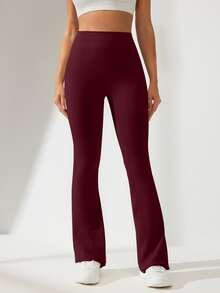 Eassivo Eassivo Women Solid Color Ruched Waist Flared Sports Pants For Chinese New Year - Burgundy - View 4