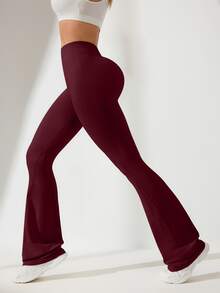 Eassivo Eassivo Women Solid Color Ruched Waist Flared Sports Pants For Chinese New Year - Burgundy - View 6