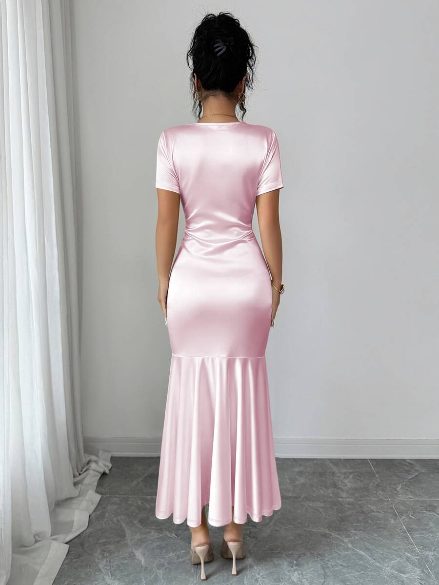 Elenzga Women's Baby Pink Summer Elegant Sexy Romantic Wedding Birthday Cocktail Party French Style Pearl Decor Ruffle Hem Bodycon Mid-Length V-Neck Dress - Pink - View 1