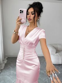 Elenzga Women's Baby Pink Summer Elegant Sexy Romantic Wedding Birthday Cocktail Party French Style Pearl Decor Ruffle Hem Bodycon Mid-Length V-Neck Dress - Pink - View 6