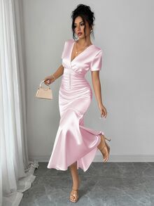 Elenzga Women's Baby Pink Summer Elegant Sexy Romantic Wedding Birthday Cocktail Party French Style Pearl Decor Ruffle Hem Bodycon Mid-Length V-Neck Dress - Pink - View 2