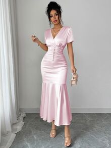 Elenzga Women's Baby Pink Summer Elegant Sexy Romantic Wedding Birthday Cocktail Party French Style Pearl Decor Ruffle Hem Bodycon Mid-Length V-Neck Dress - Pink - View 3