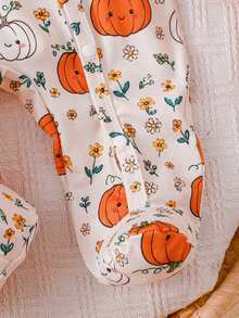 2 Pieces Newborn Knit Soft Footed Romper With Cute Pumpkin All-Over Print, Autumn/Winter Halloween Home Wear, Versatile Fashion, Best Choice - Multicolor - View 7