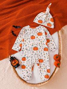 2 Pieces Newborn Knit Soft Footed Romper With Cute Pumpkin All-Over Print, Autumn/Winter Halloween Home Wear, Versatile Fashion, Best Choice - Multicolor - View 3