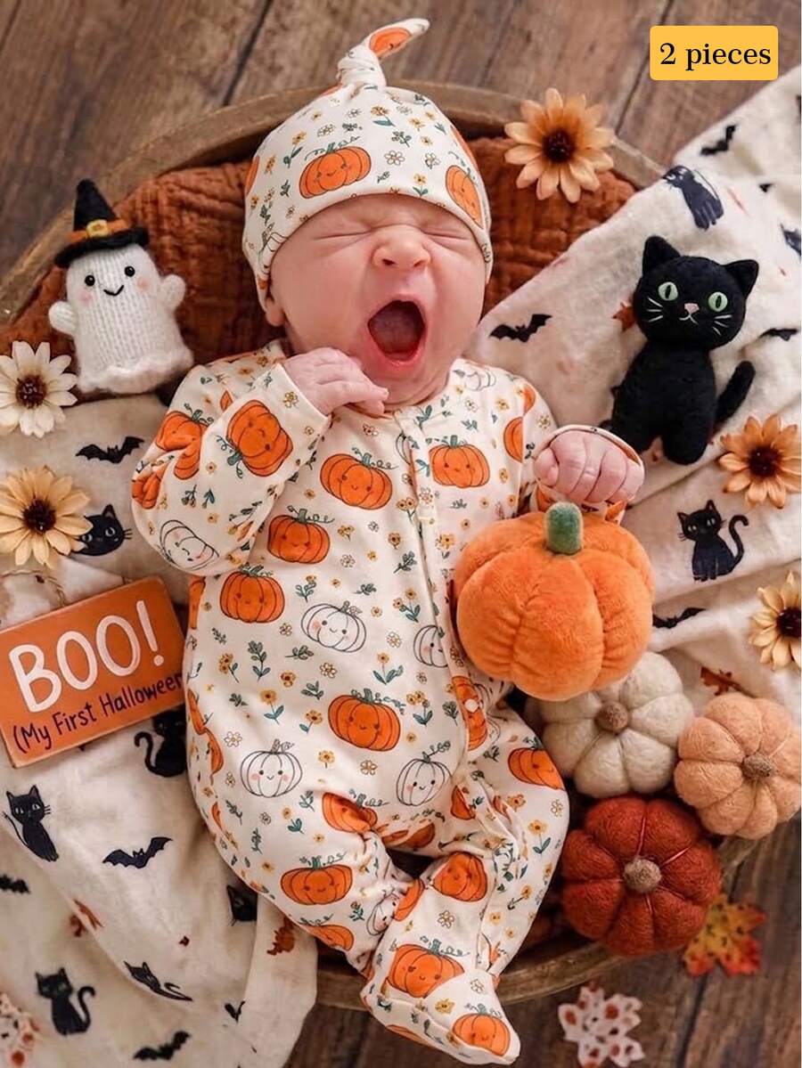 2 Pieces Newborn Knit Soft Footed Romper With Cute Pumpkin All-Over Print, Autumn/Winter Halloween Home Wear, Versatile Fashion, Best Choice