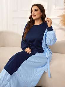 Lacomfia Casual Solid Color Patchwork Striped Crew Neck Long Sleeve Side Tie Loose Regular Fit Plus Size Sweatshirt For Spring And Autumn - Navy Blue - View 3