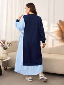 Lacomfia Casual Solid Color Patchwork Striped Crew Neck Long Sleeve Side Tie Loose Regular Fit Plus Size Sweatshirt For Spring And Autumn - Navy Blue - View 2