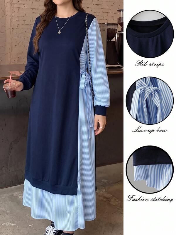 Lacomfia Casual Solid Color Patchwork Striped Crew Neck Long Sleeve Side Tie Loose Regular Fit Plus Size Sweatshirt For Spring And Autumn