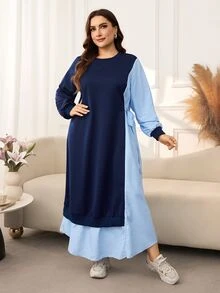 Lacomfia Casual Solid Color Patchwork Striped Crew Neck Long Sleeve Side Tie Loose Regular Fit Plus Size Sweatshirt For Spring And Autumn - Navy Blue - View 7