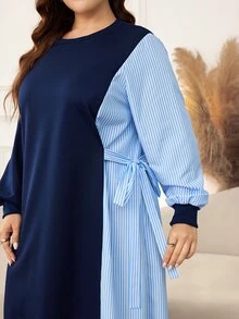Lacomfia Casual Solid Color Patchwork Striped Crew Neck Long Sleeve Side Tie Loose Regular Fit Plus Size Sweatshirt For Spring And Autumn - Navy Blue - View 6