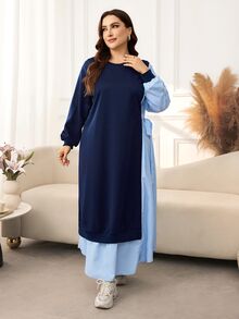 Lacomfia Casual Solid Color Patchwork Striped Crew Neck Long Sleeve Side Tie Loose Regular Fit Plus Size Sweatshirt For Spring And Autumn - Navy Blue - View 5