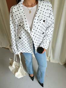 GalTyme Plus Size Women's Polka Dot Pattern Double-Breasted Long Sleeve Jacket - White - View 5