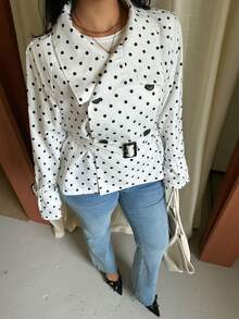 GalTyme Plus Size Women's Polka Dot Pattern Double-Breasted Long Sleeve Jacket - White - View 6