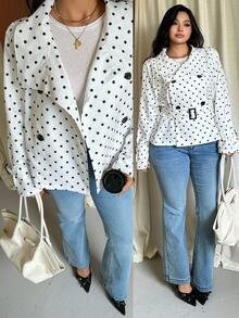 GalTyme Plus Size Women's Polka Dot Pattern Double-Breasted Long Sleeve Jacket - White - View 7