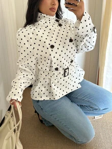 GalTyme Plus Size Women's Polka Dot Pattern Double-Breasted Long Sleeve Jacket - White - View 8
