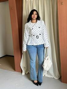 GalTyme Plus Size Women's Polka Dot Pattern Double-Breasted Long Sleeve Jacket - White - View 4