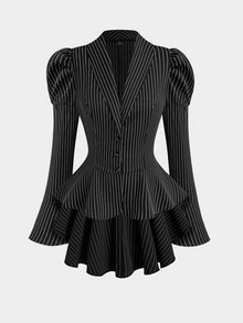 Sweetra Jaket Ukuran Besar Bergaris Model Leg-Of-Gigot Lengan Pendek Depan Belakang Panjang untuk Musim Gugur - Hitam - View 3