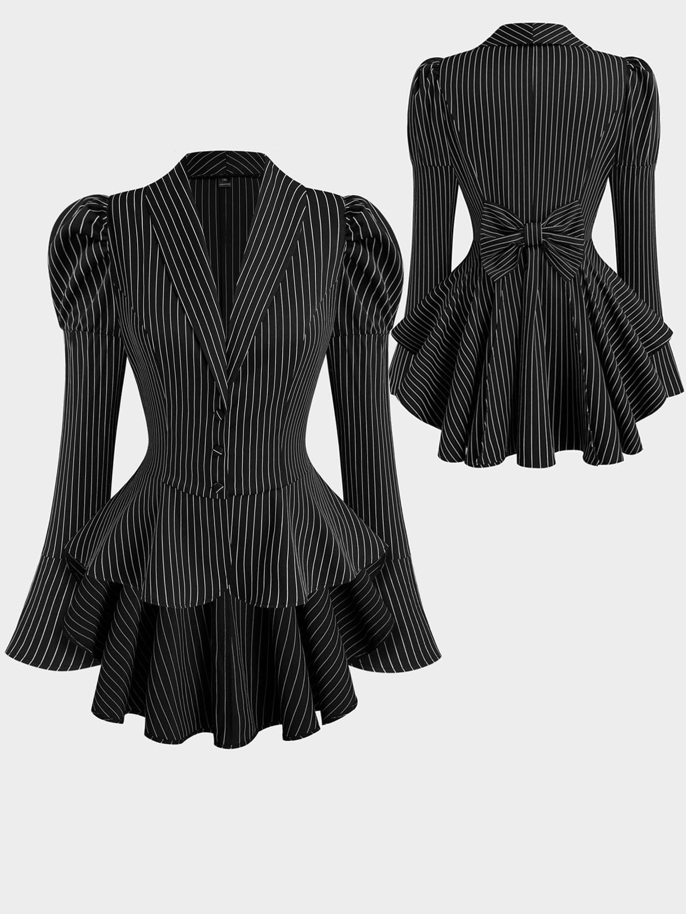 Sweetra Jaket Ukuran Besar Bergaris Model Leg-Of-Gigot Lengan Pendek Depan Belakang Panjang untuk Musim Gugur - Hitam - View 1