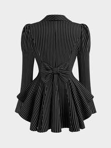 Sweetra Jaket Ukuran Besar Bergaris Model Leg-Of-Gigot Lengan Pendek Depan Belakang Panjang untuk Musim Gugur - Hitam - View 2
