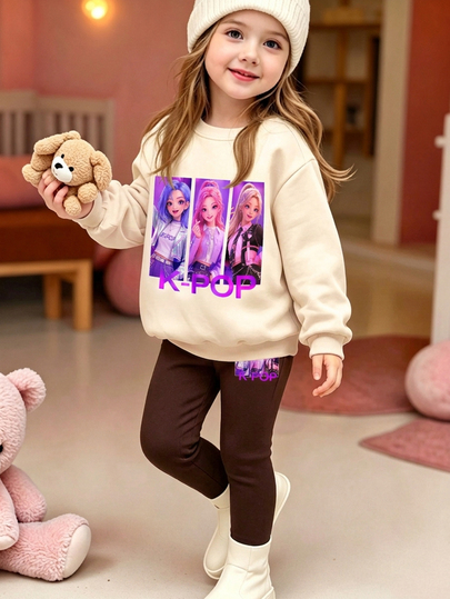 Girls K-POP Cartoon Idol Print Khaki Beige Crew Neck Sweatshirt & Black Leggings 2pcs Set, Young Girl Casual Outfit 4-7Y Cool Witch Group Personalized Set