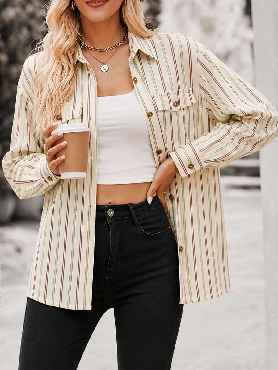Franclia Early Autumn Gentle Style Beige Digital Print Striped Double Pocket Single-Breasted Loose Slimming Long Sleeve Commuter Shirt - Apricot - View 1