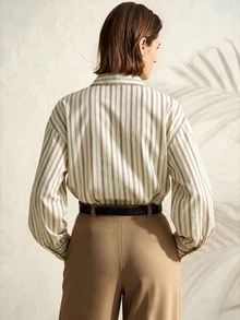 Franclia Early Autumn Gentle Style Beige Digital Print Striped Double Pocket Single-Breasted Loose Slimming Long Sleeve Commuter Shirt - Apricot - View 2