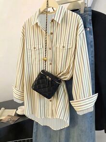 Franclia Early Autumn Gentle Style Beige Digital Print Striped Double Pocket Single-Breasted Loose Slimming Long Sleeve Commuter Shirt - Apricot - View 3