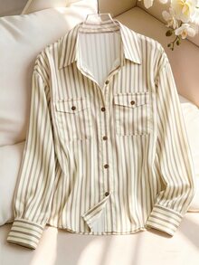 Franclia Early Autumn Gentle Style Beige Digital Print Striped Double Pocket Single-Breasted Loose Slimming Long Sleeve Commuter Shirt - Apricot - View 8