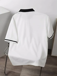 Manfinity Joysei 宽松男士字母图案撞色领 Polo 衫 - 白色 - 查看 3