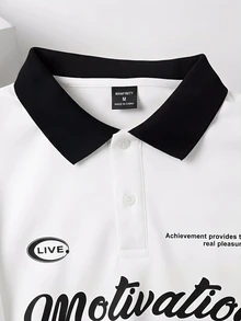 Manfinity Joysei 宽松男士字母图案撞色领 Polo 衫 - 白色 - 查看 4