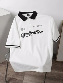 Manfinity Joysei 宽松男士字母图案撞色领 Polo 衫 - 白色 - 查看 2