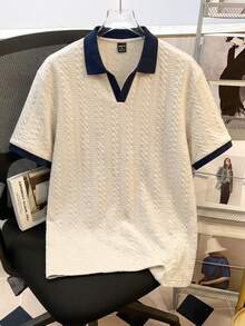 Manfinity Joysei 男士撞色短袖休闲通勤 Polo 衫 - 卡其色 - 查看 2
