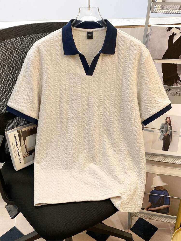 Manfinity Joysei 男士撞色短袖休闲通勤 Polo 衫 - 卡其色 - 查看 2