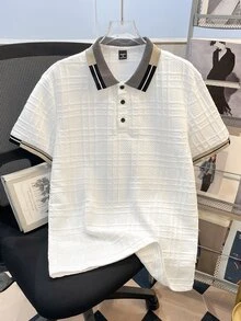 Manfinity Joysei 男士条纹短袖休闲提花罗纹 Polo 衫 - 白色 - 查看 2