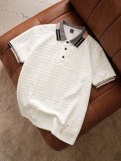 Manfinity Joysei Men's Striped Short Sleeve Casual Textured Jacquard Ribbed Polo Shirt Men Golf Shirt