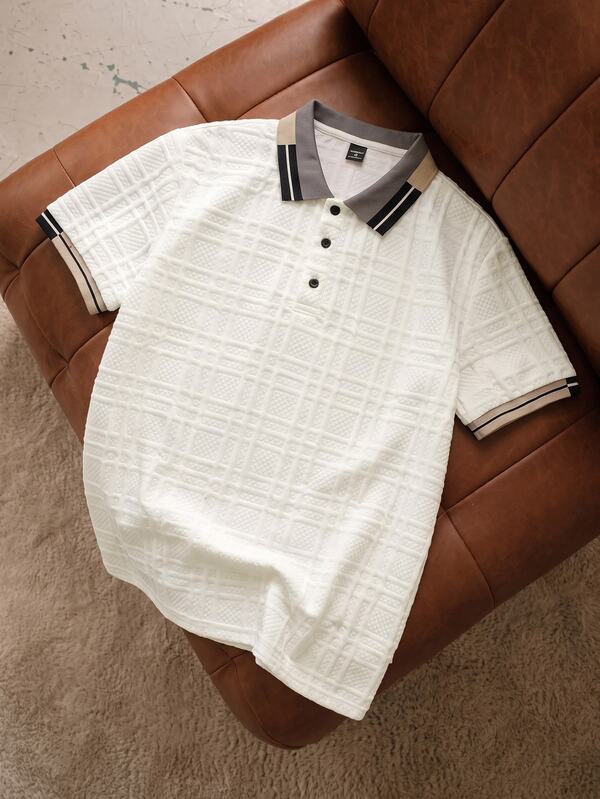 Daypath Men's Striped Short Sleeve Casual Textured Jacquard Ribbed Polo Shirt Men Golf Shirt