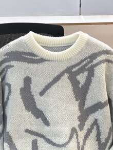 Manfinity Joysei Men Graphic Pattern Drop Shoulder Sweater, For Fall Winter - White - View 9