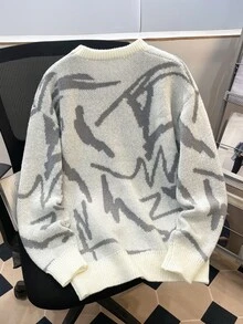Manfinity Joysei Men Graphic Pattern Drop Shoulder Sweater, For Fall Winter - White - View 4