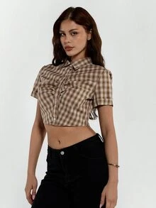 SHEIN ICON 女士格子短袖单排扣褶裥短款衬衫 - 卡其色 - 查看 6