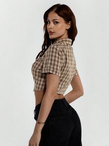 SHEIN ICON 女士格子短袖单排扣褶裥短款衬衫 - 卡其色 - 查看 2