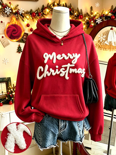 Lalippa Women Merry Christmas Towel Embroidery Red Hoodie, Vintage Streetwear Long Sleeve Pocket Sweatshirt, Holiday Party PulloverGift For Friends Hoodie