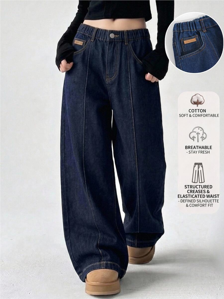 Celana Jeans Denim Biru Tua Model Lebar dengan Pinggang Elastis untuk Remaja Perempuan, Warna Gelap, Musim Panas, Desain Lipit, Jahitan Tengah, Patch Kulit Kecil, Gaya Jalanan Matrix Prom - Dark Wash - View 1