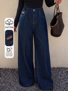Celana Jeans Denim Biru Tua Model Lebar dengan Pinggang Elastis untuk Remaja Perempuan, Warna Gelap, Musim Panas, Desain Lipit, Jahitan Tengah, Patch Kulit Kecil, Gaya Jalanan Matrix Prom - Dark Wash - View 8