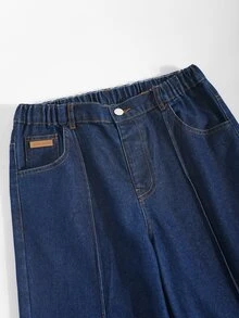 Celana Jeans Denim Biru Tua Model Lebar dengan Pinggang Elastis untuk Remaja Perempuan, Warna Gelap, Musim Panas, Desain Lipit, Jahitan Tengah, Patch Kulit Kecil, Gaya Jalanan Matrix Prom - Dark Wash - View 5