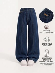 Celana Jeans Denim Biru Tua Model Lebar dengan Pinggang Elastis untuk Remaja Perempuan, Warna Gelap, Musim Panas, Desain Lipit, Jahitan Tengah, Patch Kulit Kecil, Gaya Jalanan Matrix Prom - Dark Wash - View 3