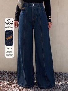 Celana Jeans Denim Biru Tua Model Lebar dengan Pinggang Elastis untuk Remaja Perempuan, Warna Gelap, Musim Panas, Desain Lipit, Jahitan Tengah, Patch Kulit Kecil, Gaya Jalanan Matrix Prom - Dark Wash - View 9